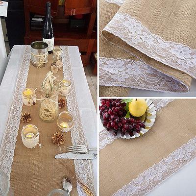 Hot Home Family Rustic Jute Hessian Burlap Lace Patchwork Table Runner Home Wedding Party Table Decoration