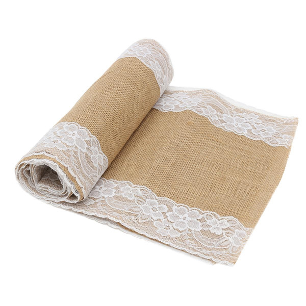 Jute Burlap Lace Table Runner Ribbon 30x275cm Party Runner Table Cloth Cover Banquet Wedding Decoration Home Textiles Reusable