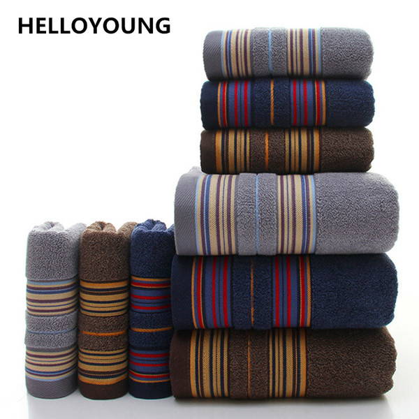 HELLOYOUNG 3-Pieces Thicker Stripe Pattern Soft Cotton Towel Set Bathroom Super Absorbent Bath Towel Face Towels