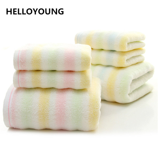 HELLOYOUNG 3-Pieces Rainbow Stripe Pattern Cotton Towel Set Bathroom Super Absorbent Bath Towel Face Towels