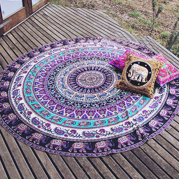 Specical Round Indian Elephant Towel Scarve Fashion Mandala Tapestry Beach Picnic Throw Rug Blanket Polyester Cotton Beach Towel