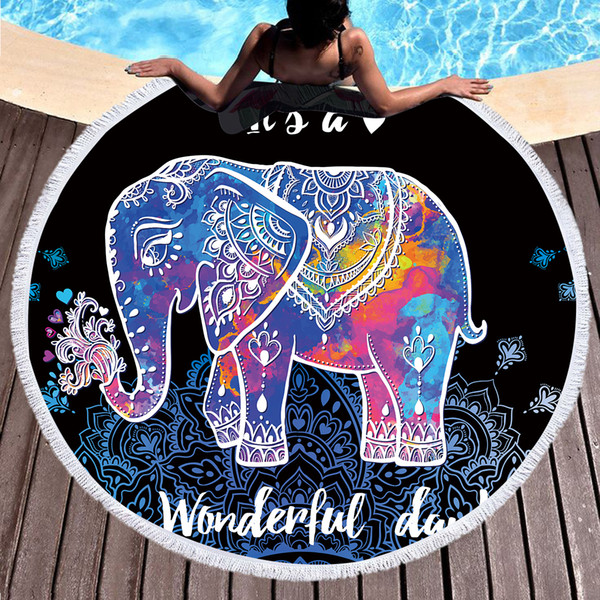 Thick 600g Round Tassels Beach Towel Bohemia Elephant Bikini Cover Ups Sunbath Shawl Bath Towel Yoga Blanket Outing Picnic Mat 150CM