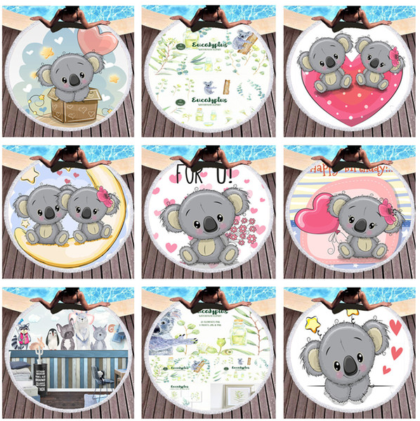 Cute Koala Round Tassels Beach Towel Thick 500g Bikini Cover Ups Sunbath Shawl Bath Towel Yoga Blanket Picnic Mat 150CM