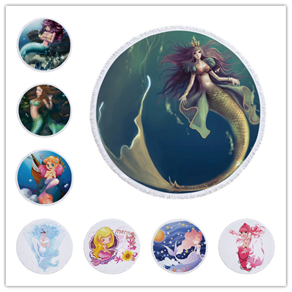 New Thick 500g Mermaid design Beach Towel Round Tassel Thick Bikini Cover Ups Picnic Mat Bath Towel