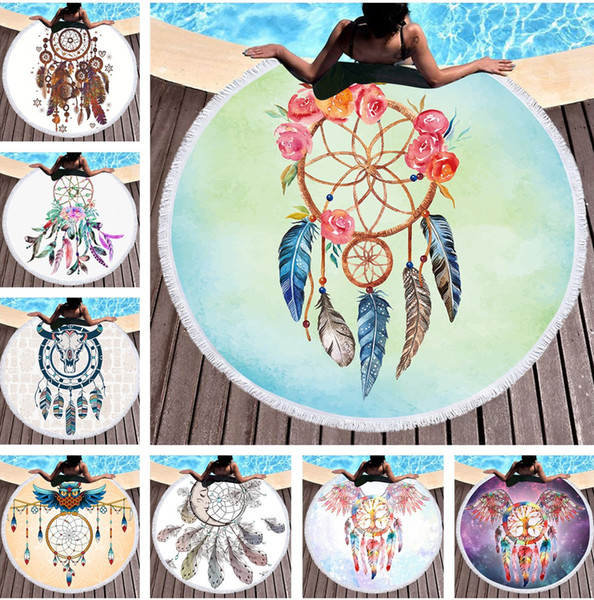 Dream catcher Round Tassels Beach Towel Thick 600g Bikini Cover Ups Sunbath Shawl Bath Towel Yoga Blanket Picnic Mat 150CM