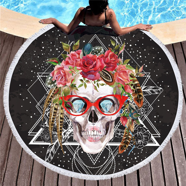 HM Life Sugar Skull Printed Large Bath Towel Fabric Quick Beach Mat Women Accessories Round Tapestry Yoga Mat Compressed Towel