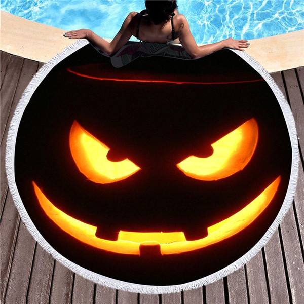 HM Life Halloween pumpkin Large Round Beach Towel Retro Roses Adult Towel Romantic Dark Sunblock Blanket With Tassel 150cm