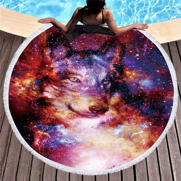 HM Life Star wolf Round Beach Towel Artistic wolf Face Mat 3D Oil Painting Yoga Mat With Tassel Wild Animal Tapestry 150cm