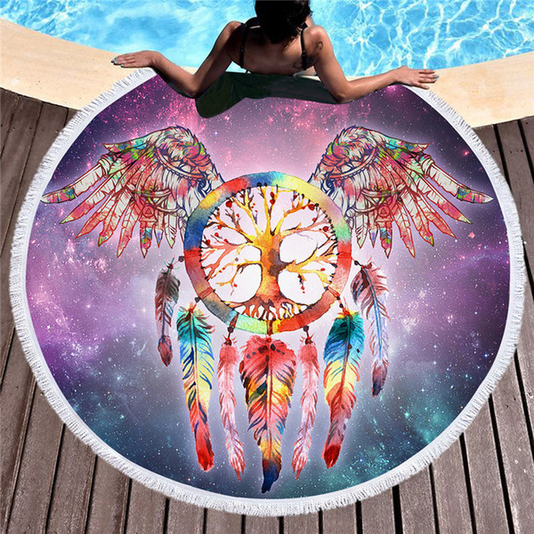 HM Life Yoga Mat Dreamcatcher Tassel Tapestry Butterfly Bohemian Round Beach Towel Purple Toalla Sunblock Blanket 150cm