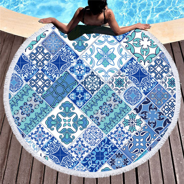 HM Life Mosaic Printed Round Beach Towel Boho Flowers Patchwork Tassel Tapestry Colorful Yoga Mat Woman 150cm Toalla Blanket