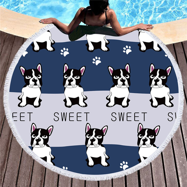 HM Life Bulldog Round Beach Towel for Kids Printed Serviette De Plage Large Towel Cartoon Microfiber Bath Toalla 150cm