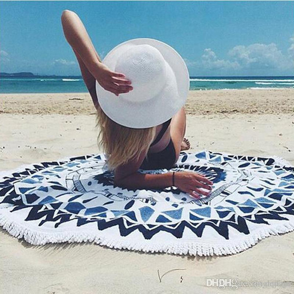 High Quality Blue Chiffon Round Beach Towel Yoga Mat Bath Towel Geometric Printed Bath Towel 150*150cm Summer Style Shawl Free Shipping