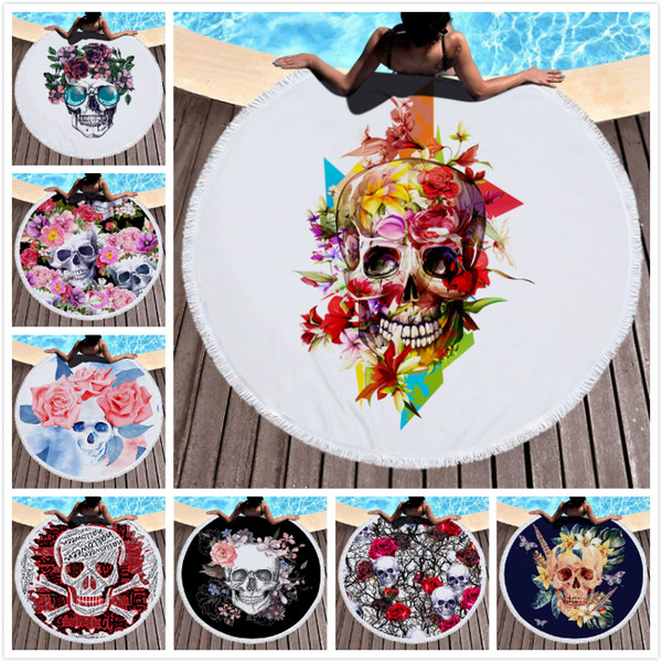 Skull style beach towel fantastic yoga mat tassel blanket colorful round towel 150cm tapestry home decoration