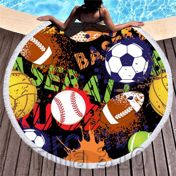 Hot Round Polyester Sunflower Beach Towel Baseball Football Blanket Beach Cover Letter Printed Tassel Towels Summer Bath Towel Yoga Mat 4856