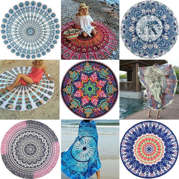 Indian Mandala Beach Towel Round Beach Blanket Polyester Elephant Printing Tapestry Yoga Mat Summer Picnic Rug 16 colors MMA1685