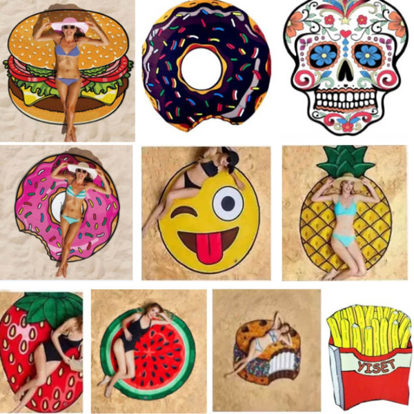 Beach Shower Towel Blanket Yoga Round Chiffon Towel Picnic Mat Blanket For Emoji Pineapple Ice Cream Strawberry Watermelon Skull HH7-797