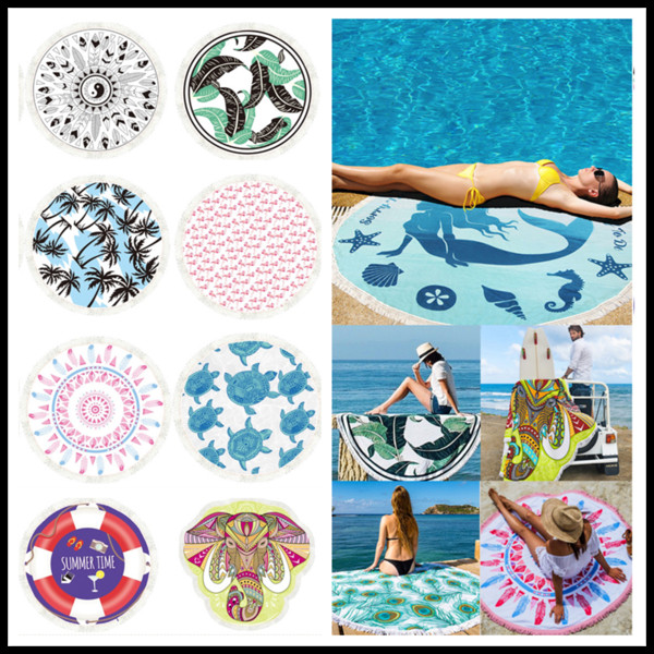 2018 New 150*150CM Polyster Round Beach Blankets With Tassels 22 Tropical Styles Printing Beach Towel for Home Decor