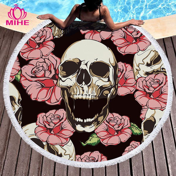 MIHE Sugar Skull Round Beach Towel Floral Tassel Yoga Mat Round Blanket Macrame Beach Cooling Towel Microfiber