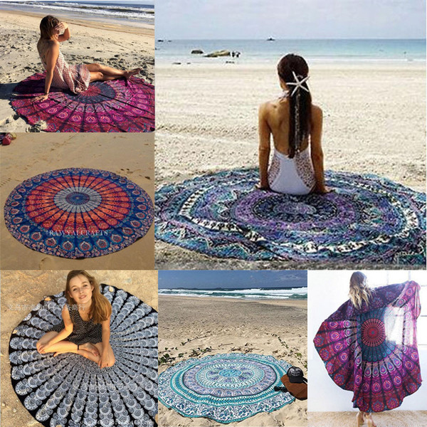 150cm Round Beach Blanket Towel Chiffon Beachwear Shawl Mandala Peacock Pattern Tapestry Yoga Mat Over 106 Designs