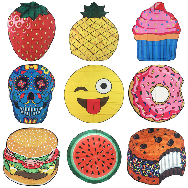 Round Printed Emoji Fruits Beach Towels Skull Doughnut Hamberger Seaside Towel Shawl BBQ Mats Beach Mat