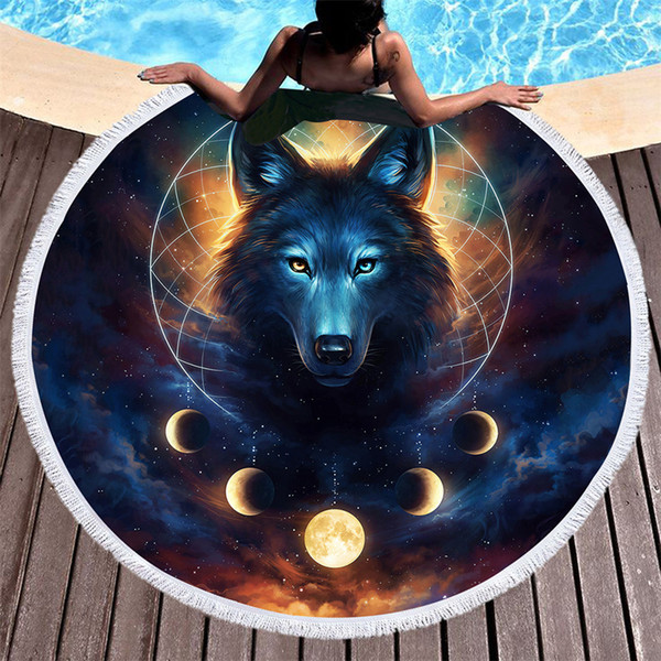 1 Pcs Dream Catcher Round Beach Towel for Adults Microfiber Toalla Moon Eclipse Blanket Tassel Wolf Galaxy Tapestry 150cm