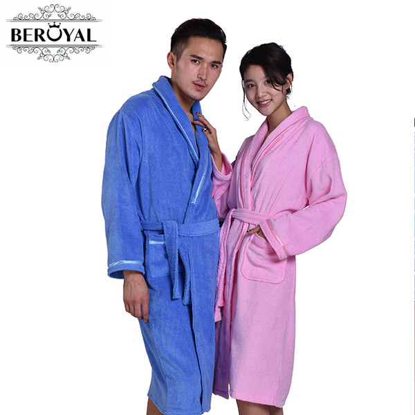 Beroyal Brand Bathrobe - 100% Cotton Bath Robe Unisex Solid Dressing Gown Spa Bathrobe Pajamas Thick Long Nightgown Sleepwear Towel