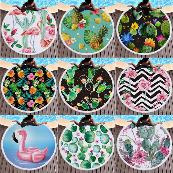 New Cactus Flamingo Polyester Round Beach Towel Soft Super Absorbent Tassel Towels Summer Bath Towels 4860