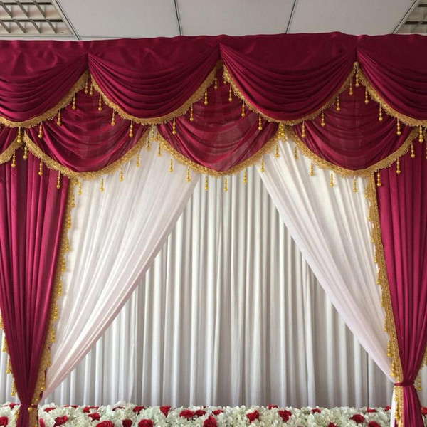 3mH*3mW ice silk white curtain wonderful wine red swags and drapes with gold tassels backdrop for wedding