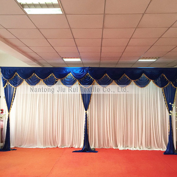 3mH*6mW ice silk white curtain wonderful royal blue swags and drapes with gold tassels backdrop for wedding