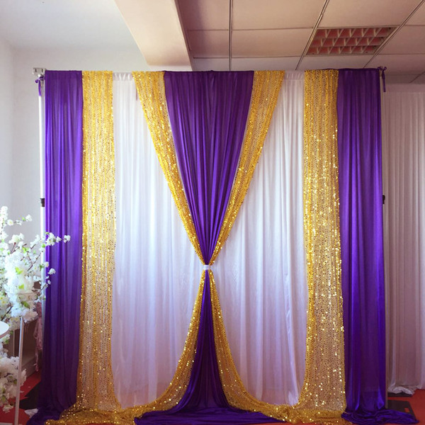 10ft x10ft free shipping white curtain purple ice silk drape gold sequin drape backdrop wedding party decoration