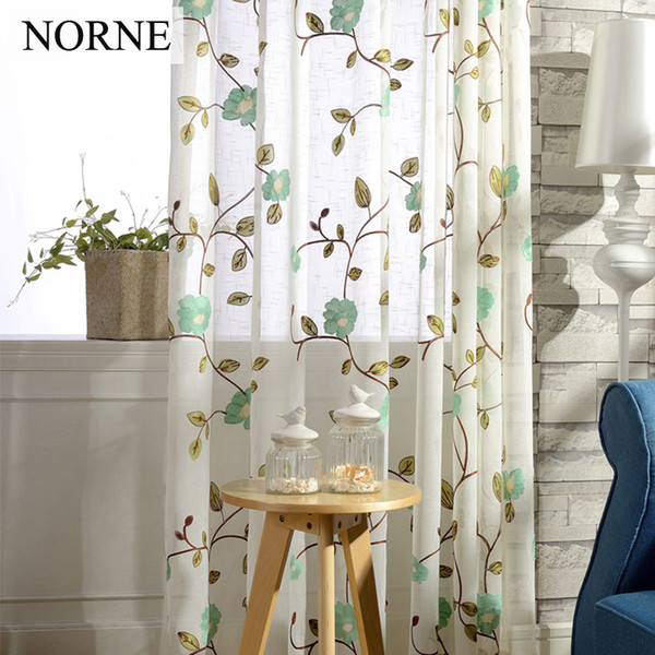 NORNE Embroidered Floral Faux Linen Style Semi Sheer Voile Curtains Window Curtain Drapes Treatment for Living Room Bedroom Door