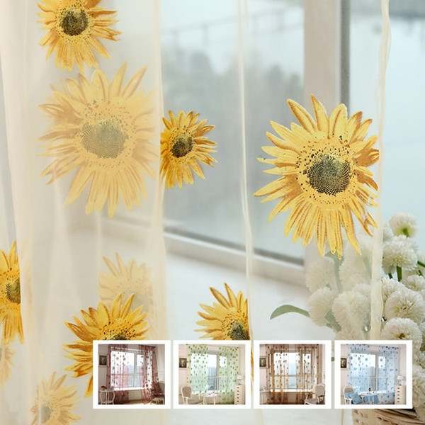 Fashion Sunflower Sunflower Curtain Voile curtain Printed Sheer Panel Window Curtain For Kitchen Living Room Voile Screening Panel T6I045