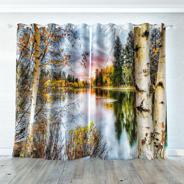 3D Digital printing personality Custom Curtain Autumn lake Birch Tree drapes Extra wide Blackout curtain Bedroom living room Hotel curtain