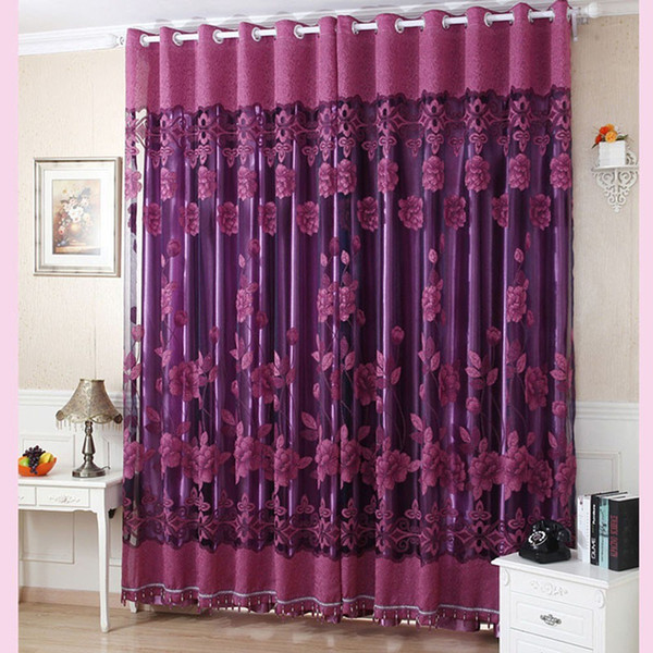 2Pcs Elegant Luxury High-end Dark purple Floral Pattern Window Curtains with Beads Door Voile Curtain Window Drape Divider Room Wall Setting