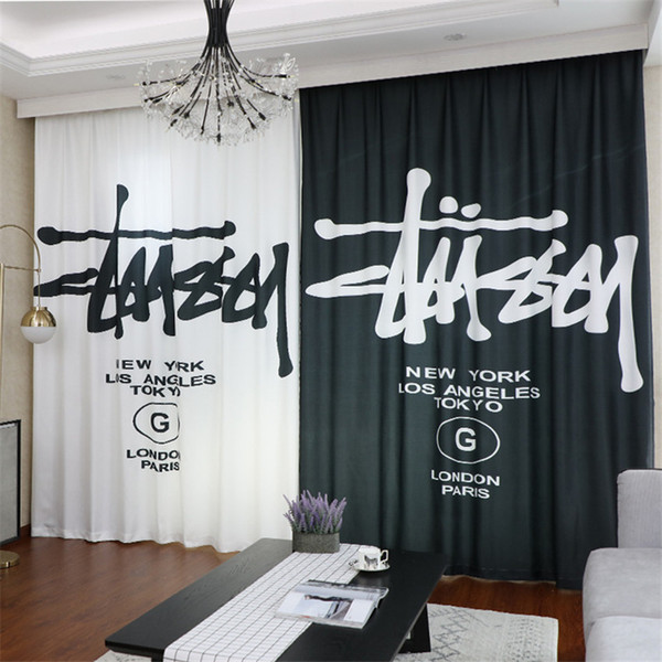 Fashion Brand Design Curtain Black White Asymmetric Curtains 2PCS Letter Print Window Treatments Bedroom Office Curtain