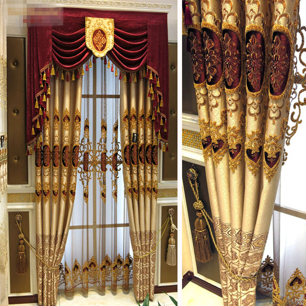 Custom curtains luxury Upscale European coffee stereo embroidery flower gold cloth blackout curtain tulle valance N723