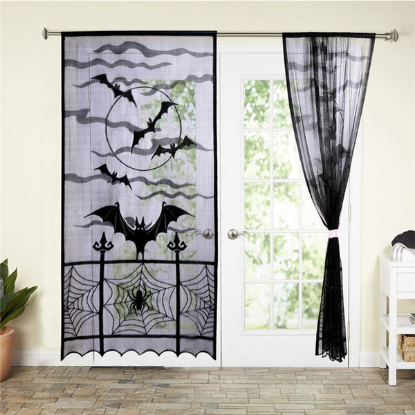 Sheer Curtains Black Lace Door/Window Curtain,Spider Web Bats Door Curtain Panel Decor for Spooky Holiday Party Halloween Decorations