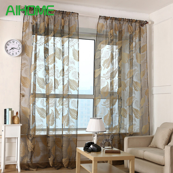 100cm*200cm Leaves Print Elegant Sheer Curtain Bay Window Balcony Living Room Ceiling Installation Glitter Chiffon Curtain