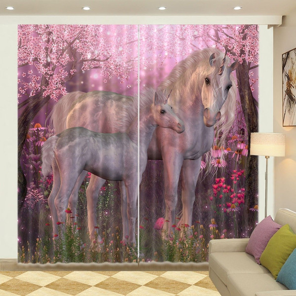 3D Blockout Photo Printing Sakura Unicorns Window Curtain Draps Fabric Curtains