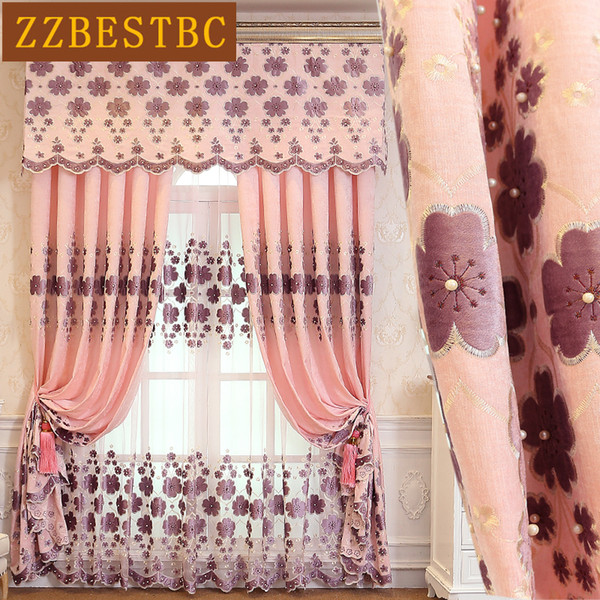 European High quality pink royal chenille laser embroidery blackout curtains for living room luxury Voile Curtain for Bedroom