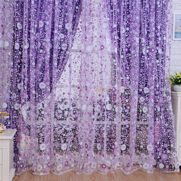 Quneed Decorative Curtains Print Floral Voile Door Sheer Window Curtains Room Curtain Divider 100x200cm Purple Curtains