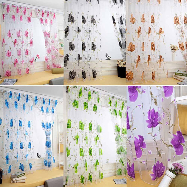 Floral Vines Leaves Sheer Curtains Tulle Door Window Curtain Drape Panel Sheer Scarf Valances