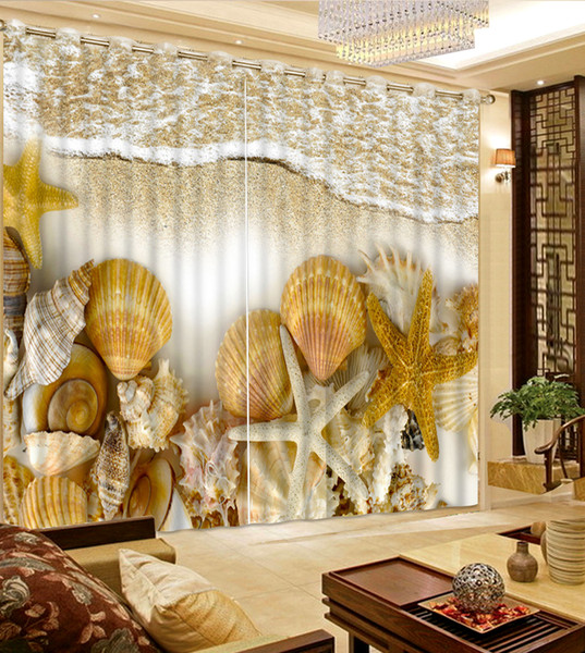 Custom Europea Fashion 3D Curtains Photo Beautiful beach shell wave Curtain 3D Blackout Curtains