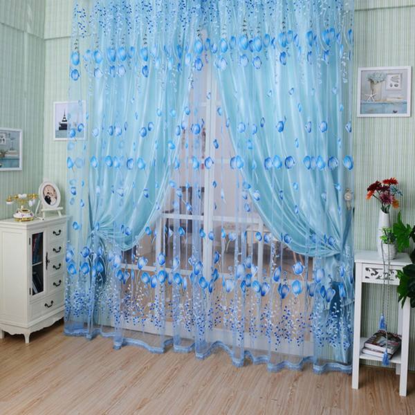 Sheer Curtains 1PC 1M*2M Window Curtains Sheer Voile Tulle for Bedroom Living Room Balcony Kitchen Printed Tulip Pattern Sun-shading Curtain