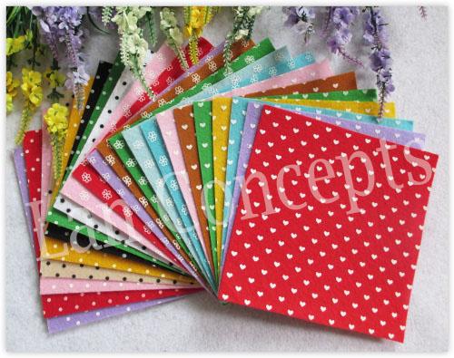 Free shipping DIY Polyester Felt Fabric Non-woven Sheet with Printed Polka Dots,flowers and Hearts - 300x300x1mm 81pcs/lot LA0075B