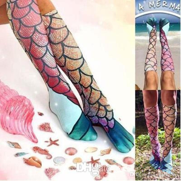 5 Designs Mermaid 3D Socks Mermaid Tail Beach Socks Mermaid Stockings Knee High Socks Cosplay Fish Scales Stockings 2pcs/pair CCA6815 60pair