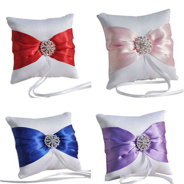 Many Color 106x16cm Double Heart Satin Ring Pillow with Rhinestone Diamond for Wedding Party Decoration Home Textile 1PC