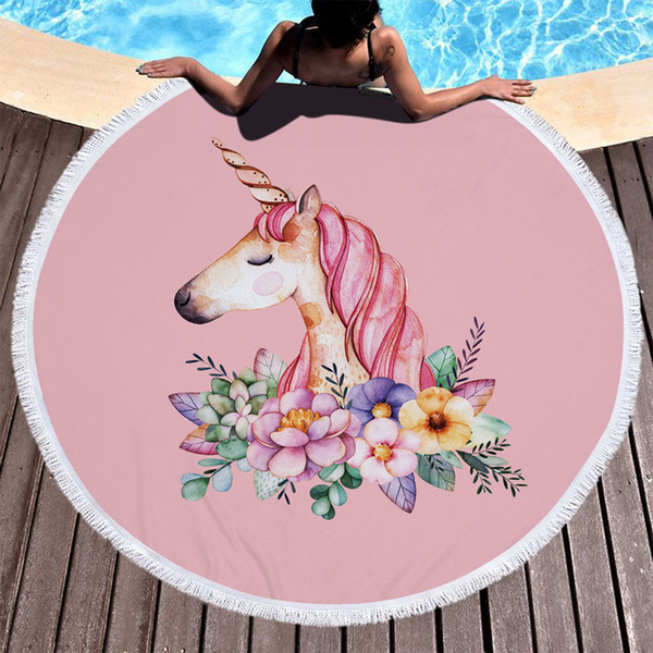 Pink Cute Unicorn Microfiber Large Round Beach Towel Toalla Microfibra Thick Terry Cloth Tassels Blanket Serviette De Plage CNY339