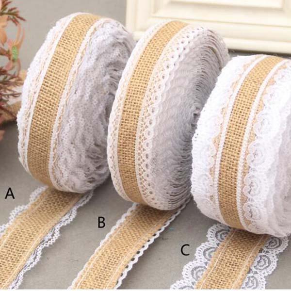 10m/lot 2.5cm lace Linen Handmade Christmas Crafts Jute Burlap Band Ribbon Roll+white Lace Trim Edge Rustic Wedding Decoration Party Supply