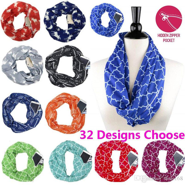 Women Scarf Infinity Scarves With Zipper Pocket Lightweight Arrow Star Elk Print Ring Scarves Scarfs Storage Bib Christmas Gift HH7-1891